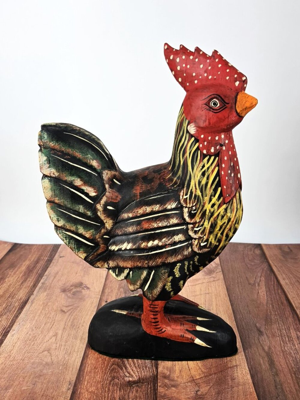 Hand Carved & Painted Wooden Rooster Rustic Farmhouse VTG Folk Art Country Decor